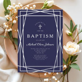幾何モダンネイビーブルーボーイバプティスシルバー 箔招待状