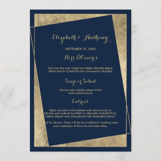幾何モダンネイビー青金ゴールドのメ結婚ニュー メニュー (正面)