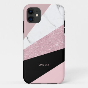 幾何モダンバラ金ゴールドグリッター白大理石 iPhone 11 ケース