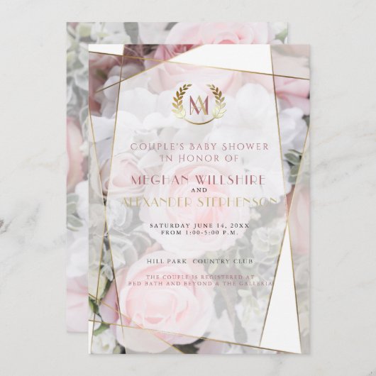 幾何モダンピンクローゼカップルの赤ちゃんシャワー 招待状 (正面/裏面)