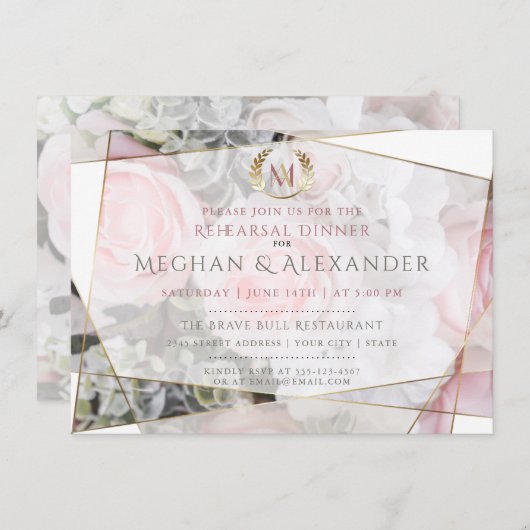 幾何モダンピンクローゼリハーサルディナー 招待状 (正面/裏面)