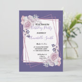 幾何モダンフレームパープルフローラバースデーパーティー 招待状 (スタンド正面)