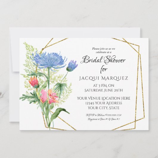 幾何モダンフローラピンクnブルーブライダルシャワー 招待状 (正面)