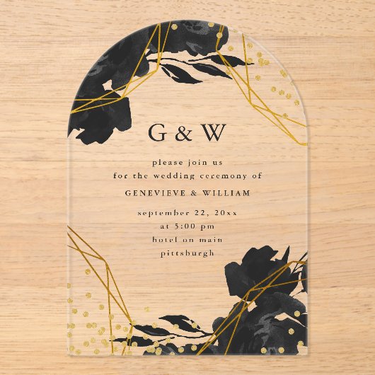 幾何モダンブラックフローラモノグラム結婚ズ アクリル招待状 (正面)