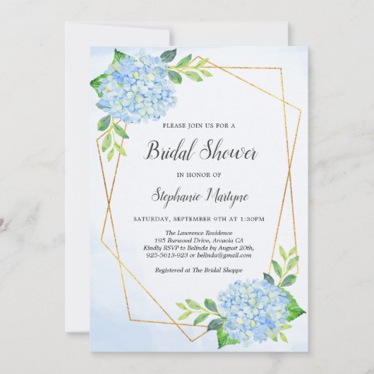 幾何モダンブルーアジサイブライダルシャワー 招待状 (正面)