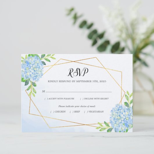 幾何モダンブルーアジサイ結婚ズの食事 出欠カード (スタンド正面)