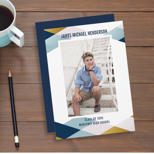 幾何モダンブルーグラードフォト卒業パーティー 招待状