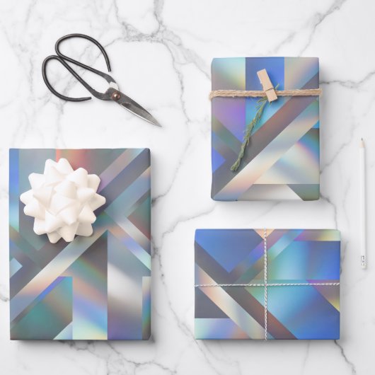 幾何モダンホログラフィックパステルレインボーパーティー ラッピングペーパーシート (正面)