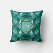 幾何モダンポリゴンティール(緑がかった色)ターコイズモノグラム クッション (裏面)
