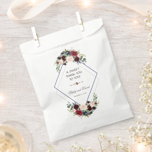 幾何モダンメルロネイビーブルーフローラありがとう フェイバーバッグ (クリップ留めされた状態)