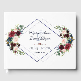 幾何モダンメルロネイビーブルーフローラ結婚ズ ゲストブック