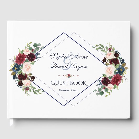 幾何モダンメルロネイビーブルーフローラ結婚ズ ゲストブック (正面)