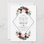 幾何モダンメルロネイビーブルーフローラ結婚ズ 招待状 (正面)