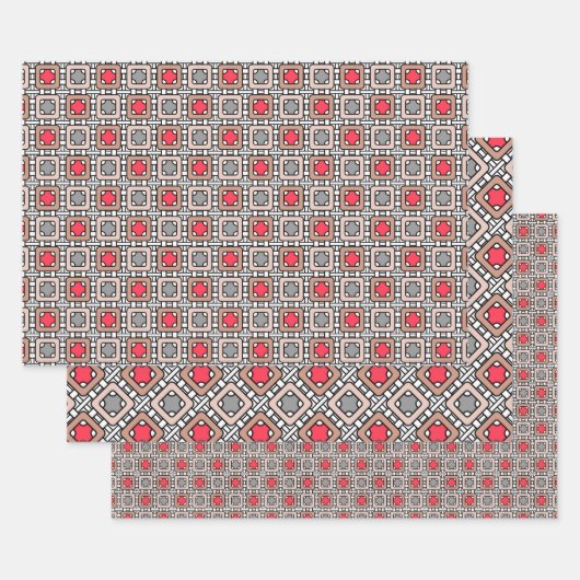 幾何モダン図形アートデコグレーレッド、ベージュ ラッピングペーパーシート (セット)