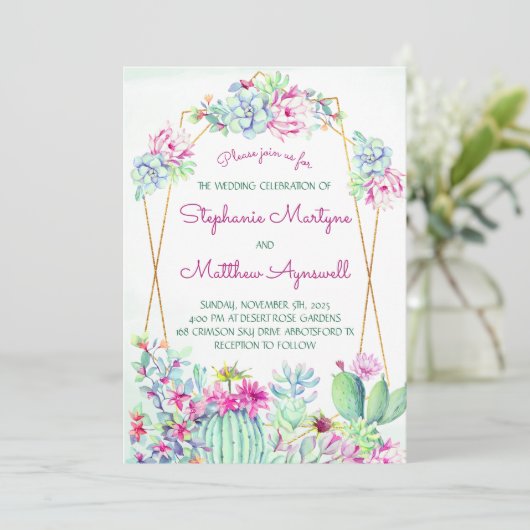 幾何モダン性サボテンの多肉株結婚の葉 招待状 (スタンド正面)