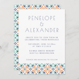 幾何モダン植物性ブルーオレンジ結婚ズ 招待状