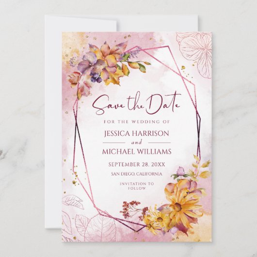 幾何モダン紅葉ブルゴーニュ書道 セーブザデート (正面)