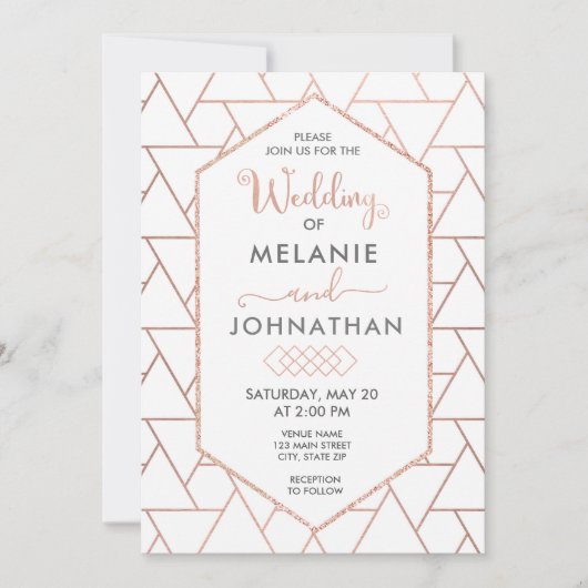 幾何モダン結婚式招待状、バラ金ゴールド 招待状 (正面)