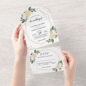 幾何モダン自然グリーン金ゴールドフローラ結婚の オールインワン招待状 (貼ってはがせる)
