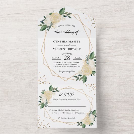 幾何モダン自然グリーン金ゴールドフローラ結婚の オールインワン招待状 (内側)