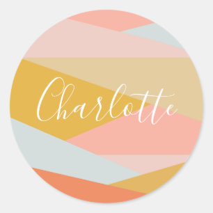 幾何モダン色ブロックパーソナライズされたサンゴ ラウンドシール