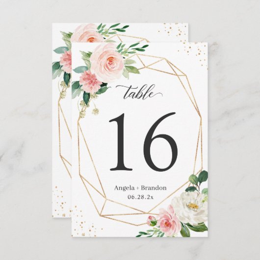 幾何モダン赤面フローラ結婚のテーブル番号 出欠カード (正面/裏面)