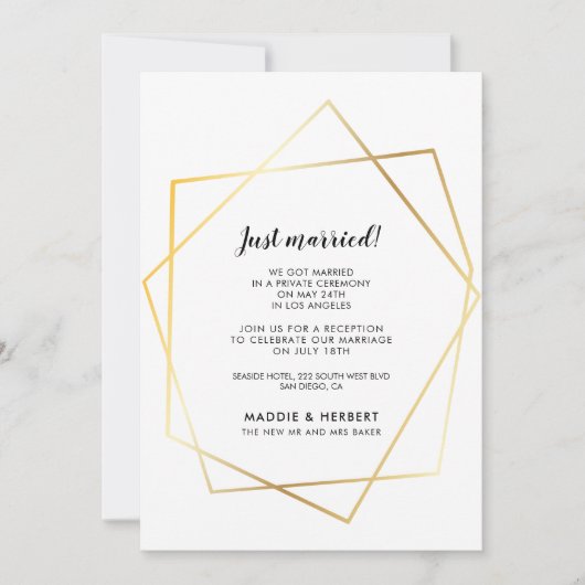 幾何モダン金ゴールドフレームたった今結婚しましたカード 招待状 (正面)