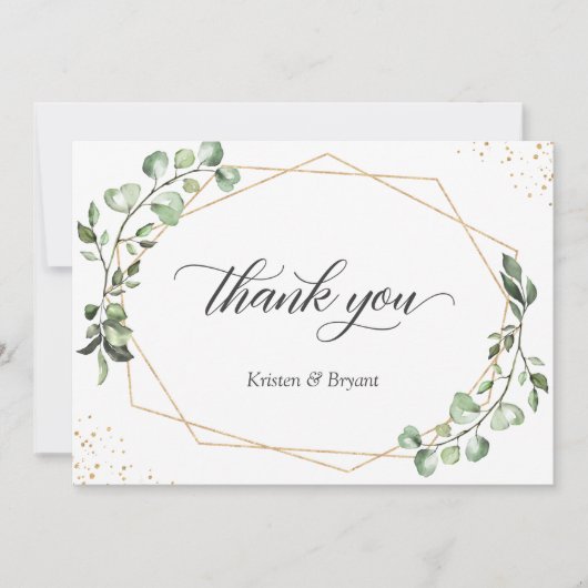 幾何モダン金ゴールドフレームユーカリ結婚ズ サンキューカード (正面)