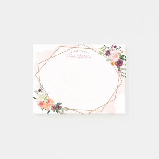 幾何モダン金ゴールドフレーム水色フローラ ポストイット (正面)