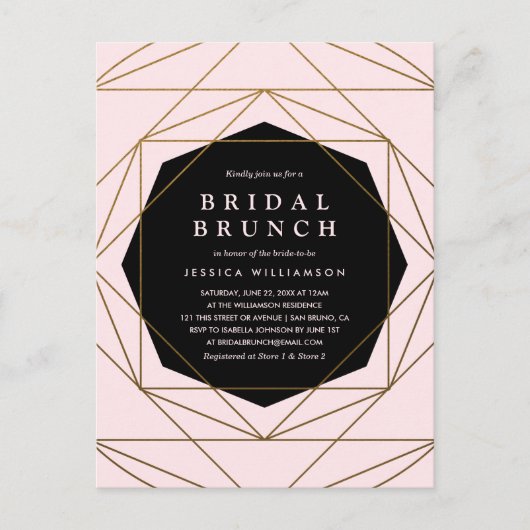 幾何モダン金ゴールド、赤面およびブラックブライダルブランチ インビテーションポストカード (正面)