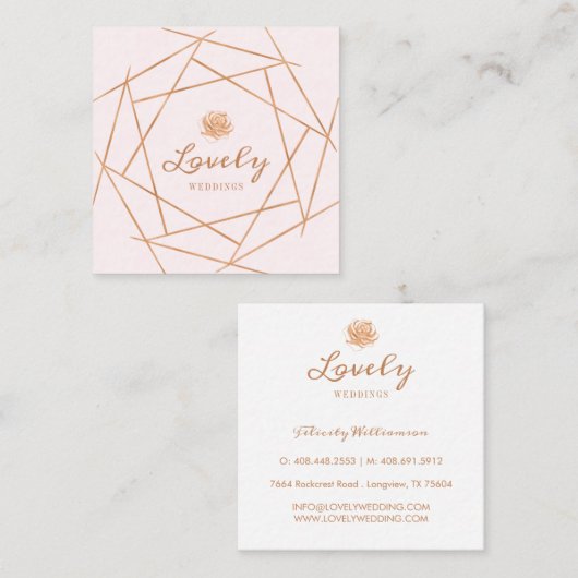 幾何モダン銅およびフローラバラ結婚 スクエア名刺 (正面/裏面)