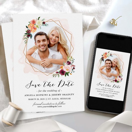 幾何モダン開花フローラ写真保存日付 セーブザデート