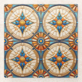 幾何モロッコタイルパターン#2ティール(緑がかった色)金ゴールドID1077 ガラスコースター (正面)