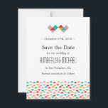 幾何三角形カラフルハート日付の保存 セーブザデート<br><div class="desc">カラフルモダン幾何学的ハートとおもしろい、トレンディー三角形パターンを持つ結婚式招待状スイート。カラーはカスタマイズお客様のテーマ/モチーフに合わせて。</div>