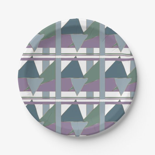 幾何三角形パターン青バイオレットグリーン ペーパープレート (正面)