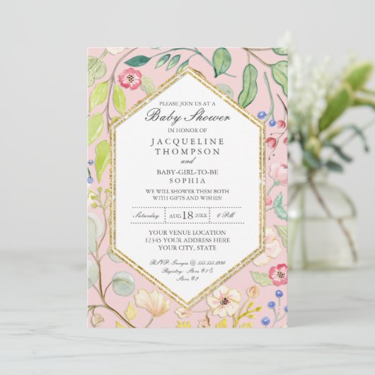 幾何六角パステル淡い色のウォーターカラーフローラ 招待状 (スタンド正面)