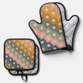 幾何六角フローラ形自然緑ピンク 鍋つかみ&鍋敷きセット (正面/裏面)