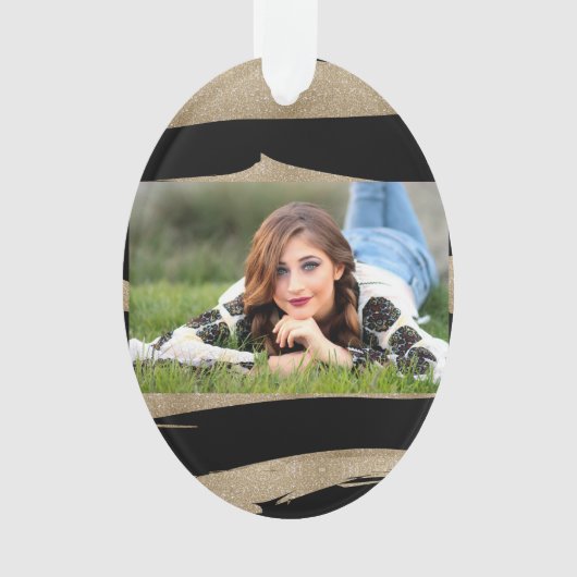 幾何名門私立校風のパターン黒と金ゴールドストライプ オーナメント (正面)