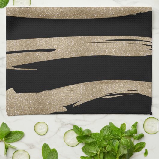 幾何名門私立校風のパターン黒と金ゴールドストライプ キッチンタオル (折り畳み)