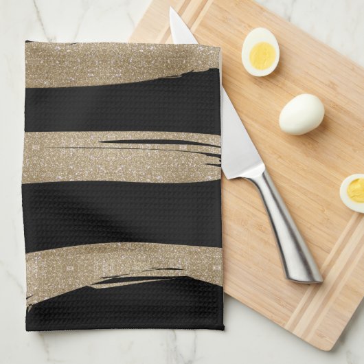 幾何名門私立校風のパターン黒と金ゴールドストライプ キッチンタオル (四つ折り)