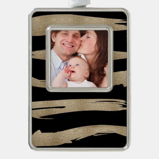 幾何名門私立校風のパターン黒と金ゴールドストライプ シルバープレートフレームオーナメント (正面)