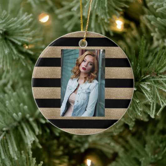 幾何名門私立校風のパターン黒と金ゴールドストライプ セラミックオーナメント (ツリー)