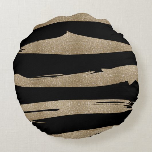 幾何名門私立校風のパターン黒と金ゴールドストライプ ラウンドクッション (裏面)
