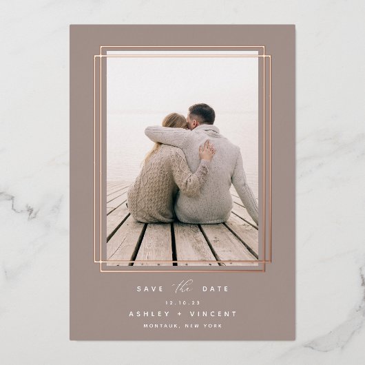 幾何図枠 |縦方向の写真の日付を保存 箔招待状 (正面)