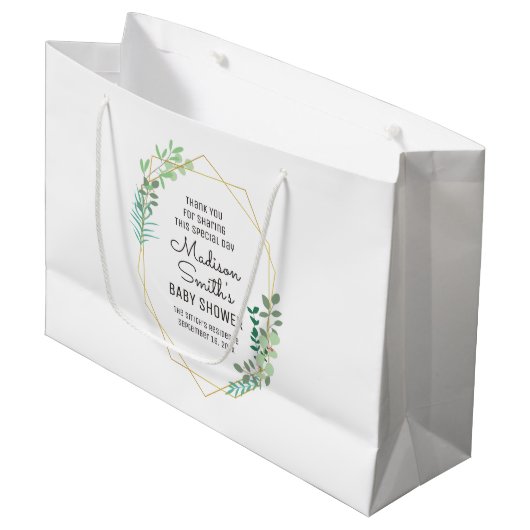 幾何学と緑のベビーシャワーパーティーが好評 ラージペーパーバッグ (正面アングル)