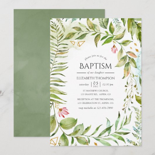 幾何学クリスタル グリーン Baptism 招待状 (正面/裏面)