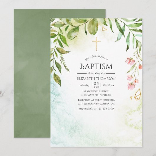 幾何学クリスタル グリーン Baptism 招待状 (正面/裏面)