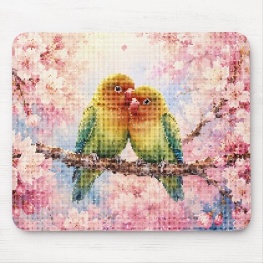 幾何学スタイルの桜と恋する小鳥たち マウスパッド (正面)