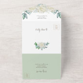 幾何学セージ緑と白のバラ素朴 オールインワン招待状 (外側)