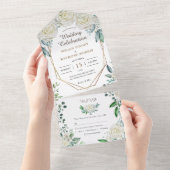 幾何学セージ緑と白のバラ素朴 オールインワン招待状 (貼ってはがせる)